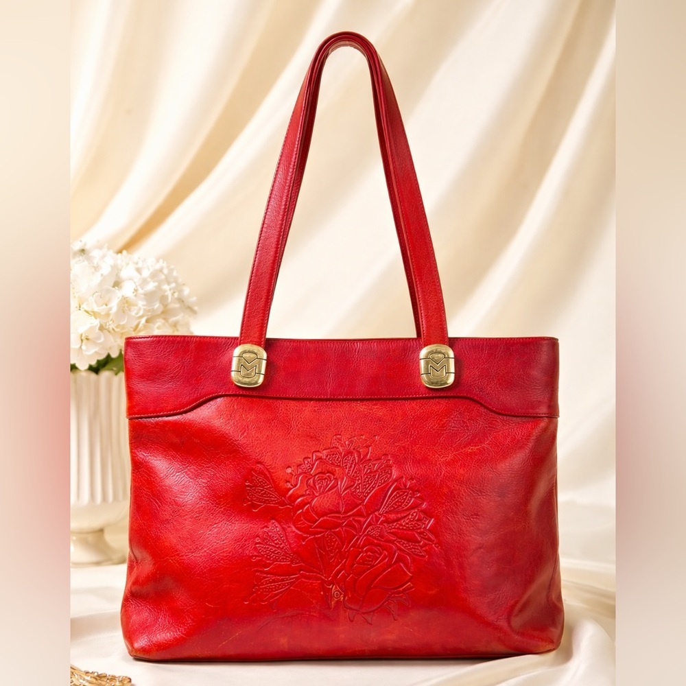 Marino Orlandi Red Embossed Rose Leather Tote | Made in Italy